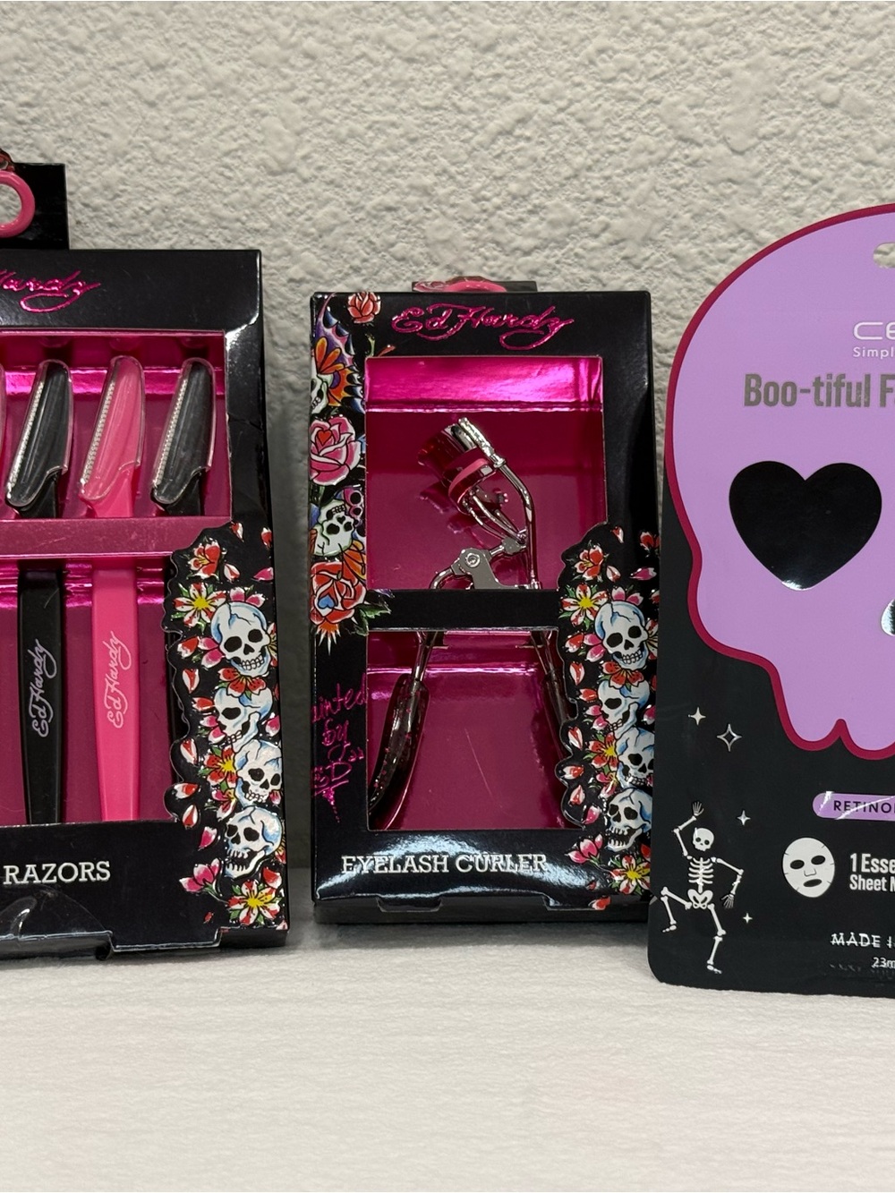 Ed Hardy beauty, bundle, touchup, razors, eyelash curler + skull sheet Mask